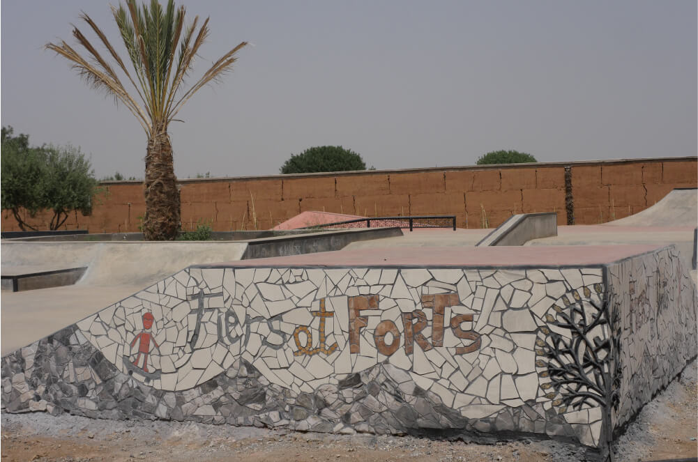 Mosaic at the back of a skate obstacle at the Fiers et Forts Skatepark in Morocco