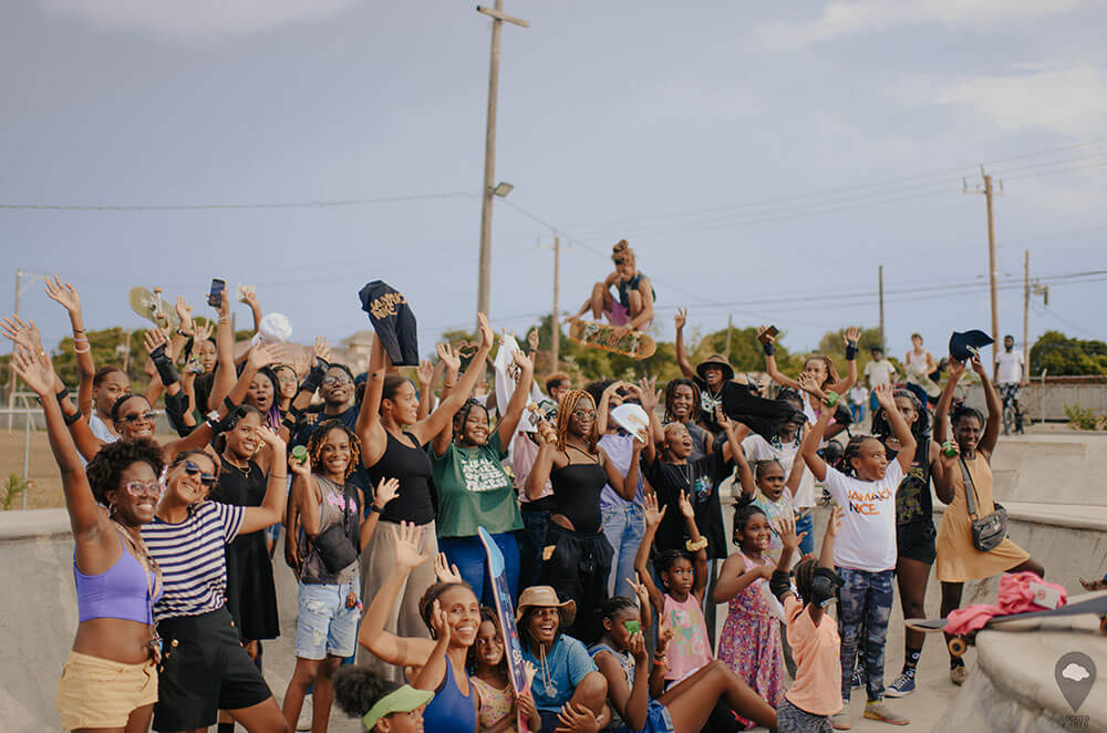 Group pictures of the very first Girl Skate Day in Jamaica that happened at the Freedom Skatepark.