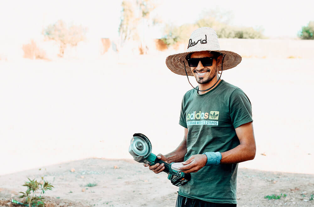 Kamal doing some repairs at the Fiers & Forts Skatepark in Morocco