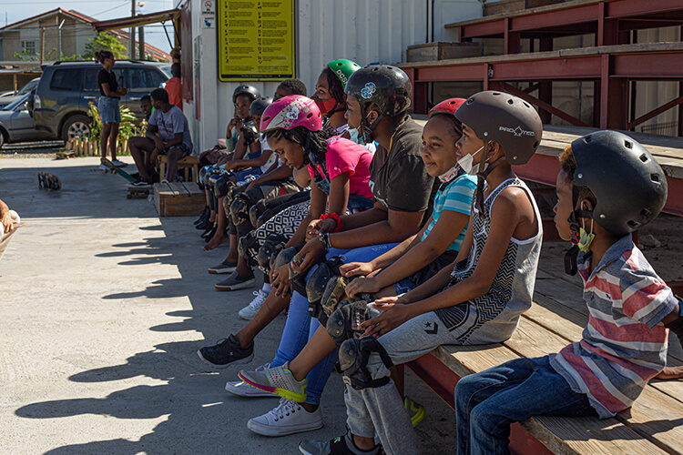 Group of children during an Edu-Skate class at the Freedom Skatepark in Jamaica