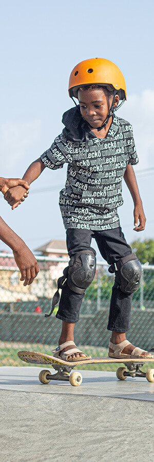 Jamaican boy on a skateboard at the Freedom Skatepark in Kingston, Jamaica. 