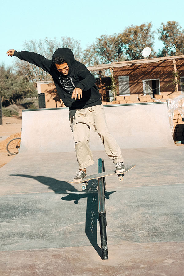 Hanota doing a boardlside at the Fiers et Forts Skatepark in Morocco